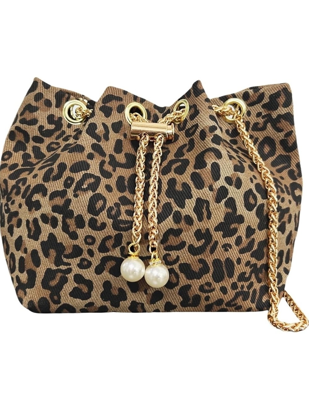 Leopard Print Drawstring Bucket Bag with Gold Chain